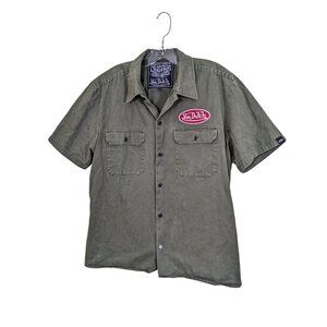 Von Dutch Mens Large Green Mechanic Button Up Short Sleeve Shirt Workwear Patch